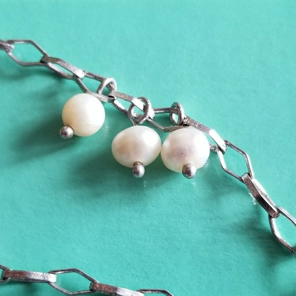 Relisted - Real pearls necklace oval silver tone hammered - Picture 6 of 7